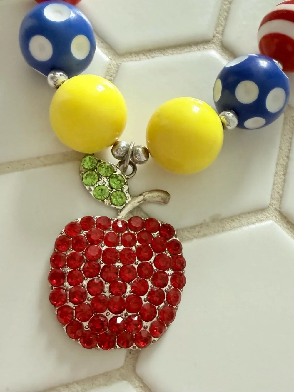 Colorful Kids Beaded Necklace with Red Apple Charm